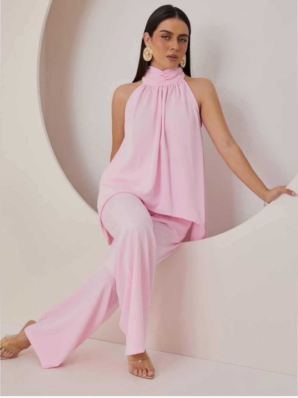 Halter Neck Wide-Leg Pants Set - Pink